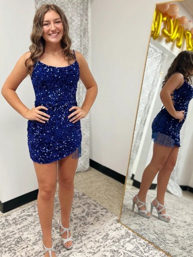Fornecedor de  Sem Mangas Alças finas Bainha Lantejoulas Veludo Azul Real Vestidos de Festa