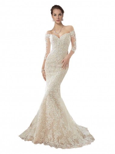 Fornecedor de Mangas Compridas Fora do Ombro Sereia Tule & Renda Vestidos de Noiva