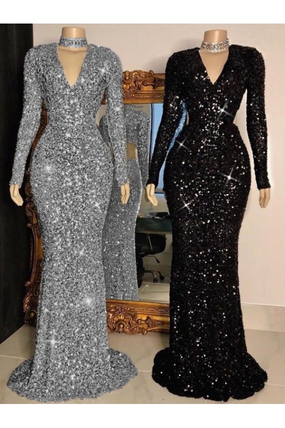 Fornecedor de Mangas Compridas Decote V Bainha Lantejoulas Veludo Vestidos de Festa